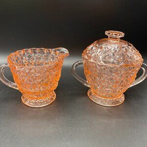 Windsor Pink Jeanette Depression Glass Covered Sugar Bowl & Creamer